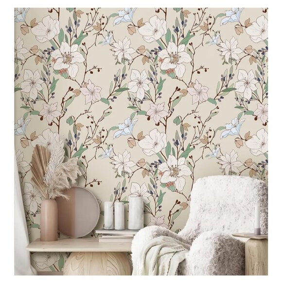 New Beige Peel Stick Wallpaper Boho Floral Lot Of 6 Rolls Botanical Cottage - Picture 5 of 12